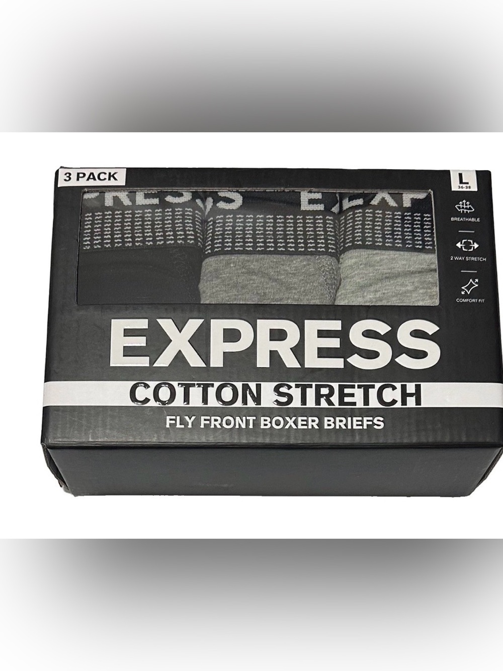 Express 3 Men's Cotton Stretch Fly Front Boxer Briefs Large (36-38) Gray/Black